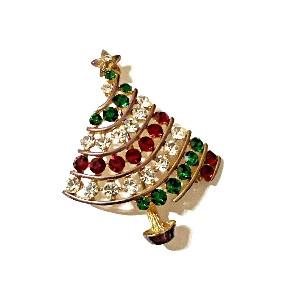 Vintage Christmas Tree Brooch Red Green Clear Rhinestones Gold Tone Mid Century
